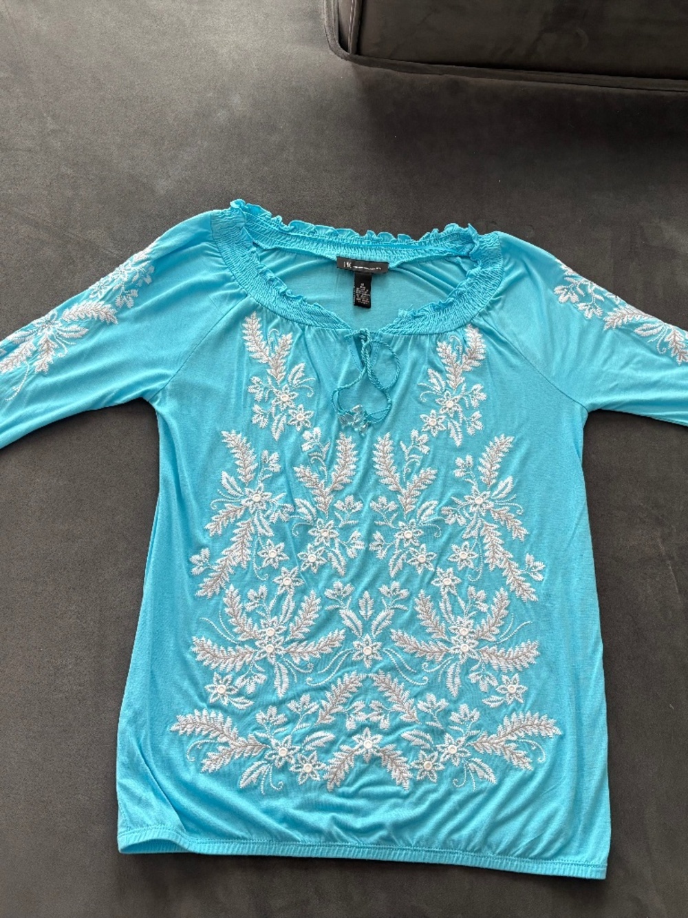 Blue Turquoise INC International Concepts Sz M Blouse Embroidered Top NWT